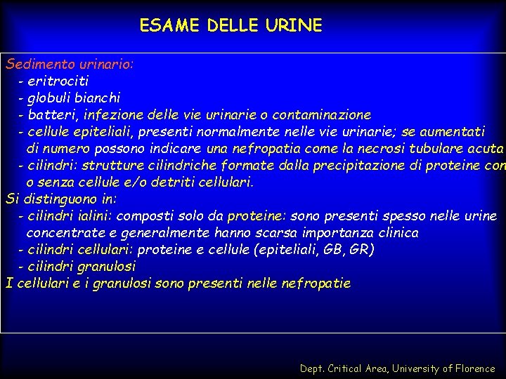 ESAME DELLE URINE Sedimento urinario: - eritrociti - globuli bianchi - batteri, infezione delle