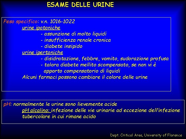 ESAME DELLE URINE Peso specifico: v. n. 1016 -1022 urine ipotoniche - assunzione di