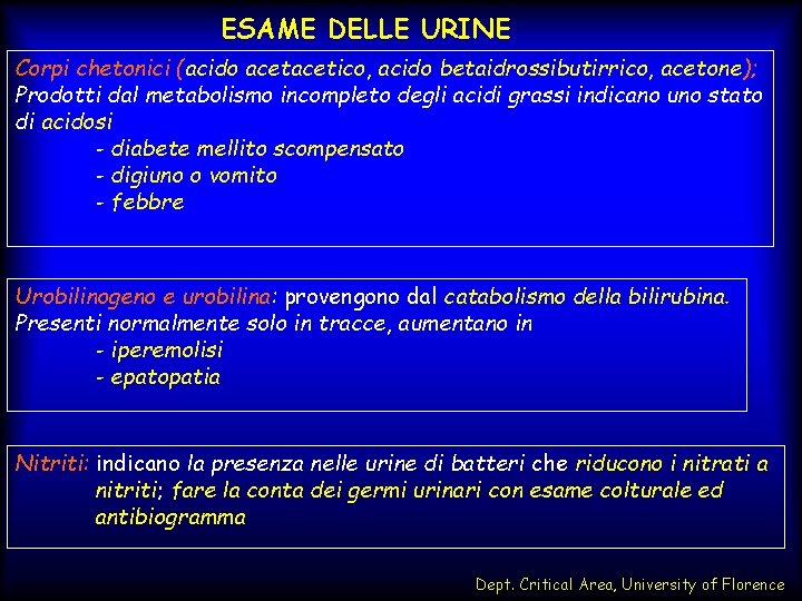 ESAME DELLE URINE Corpi chetonici (acido acetico, acido betaidrossibutirrico, acetone); Prodotti dal metabolismo incompleto