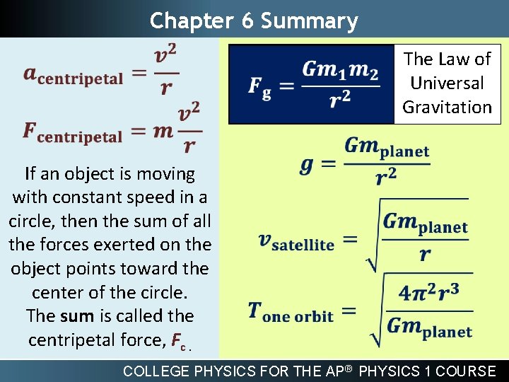 Chapter 6 Summary The Law of Universal Gravitation If an object is moving with