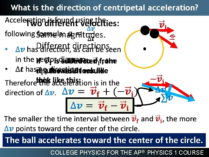 What is the direction of centripetal acceleration? Two different velocities: Same magnitudes. Different directions.