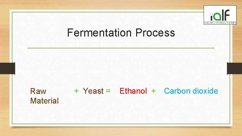 Fermentation Process Raw Material + Yeast = Ethanol + Carbon dioxide 