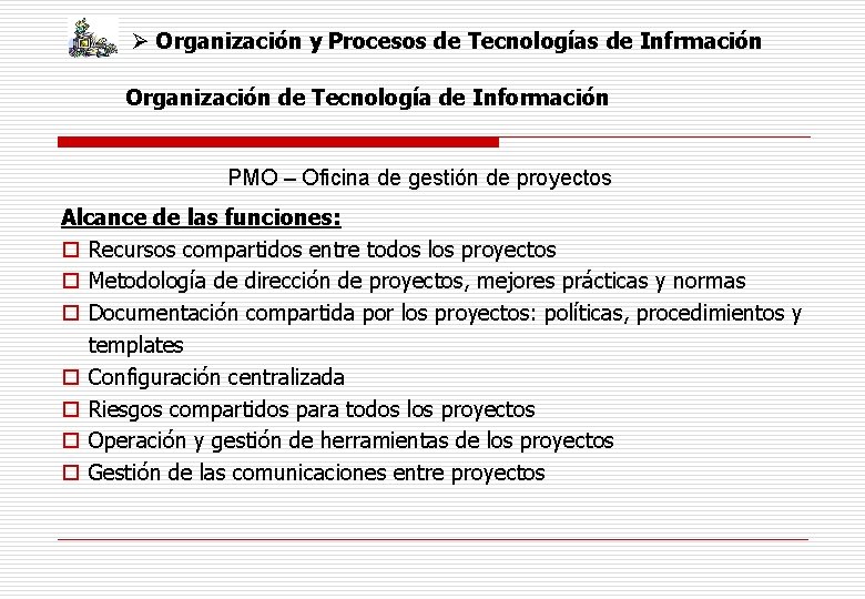 Ø Organización y Procesos de Tecnologías de Infrmación Organización de Tecnología de Información PMO