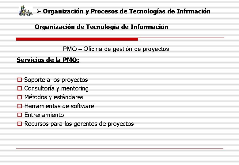 Ø Organización y Procesos de Tecnologías de Infrmación Organización de Tecnología de Información PMO