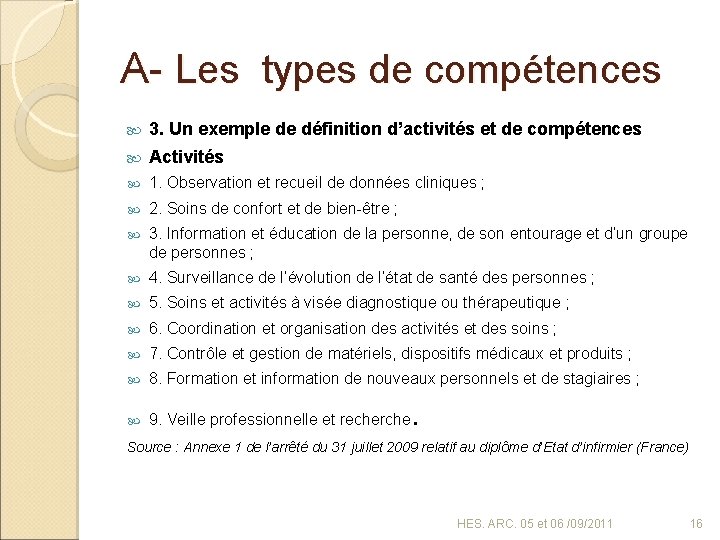 A- Les types de compétences 3. Un exemple de définition d’activités et de compétences