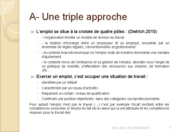 A- Une triple approche L’emploi se situe à la croisée de quatre pôles :