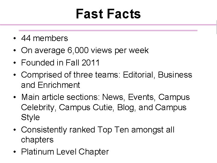 Fast Facts • • 44 members On average 6, 000 views per week Founded