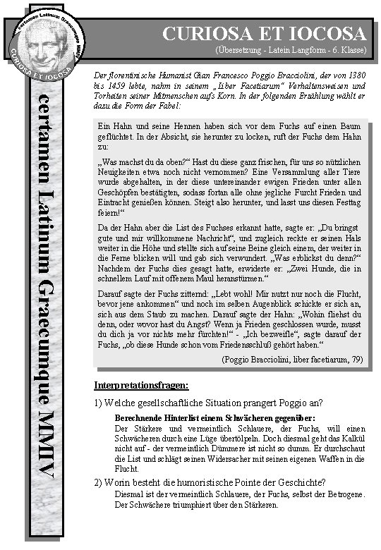 CURIOSA ET IOCOSA (Übersetzung - Latein Langform - 6. Klasse) certamen Latinum Graecumque MMIV