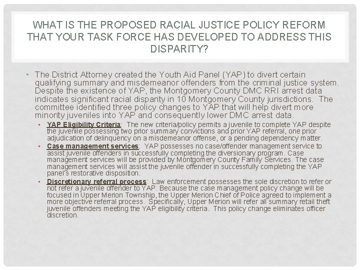 WHAT IS THE PROPOSED RACIAL JUSTICE POLICY REFORM THAT YOUR TASK FORCE HAS DEVELOPED