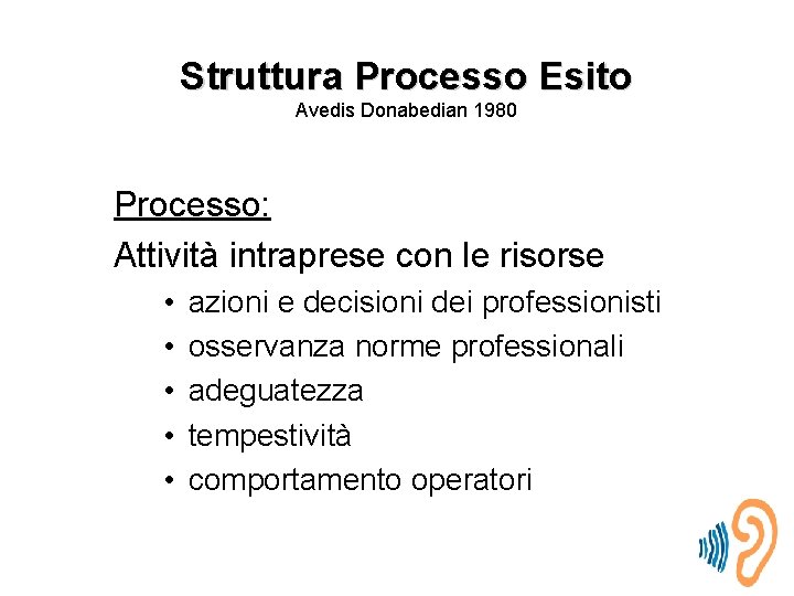 Struttura Processo Esito Avedis Donabedian 1980 Processo: Attività intraprese con le risorse • •