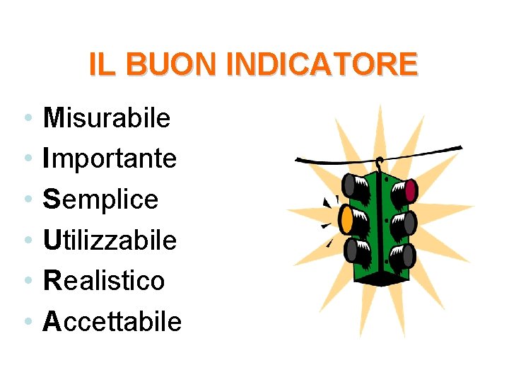 IL BUON INDICATORE • • • Misurabile Importante Semplice Utilizzabile Realistico Accettabile 