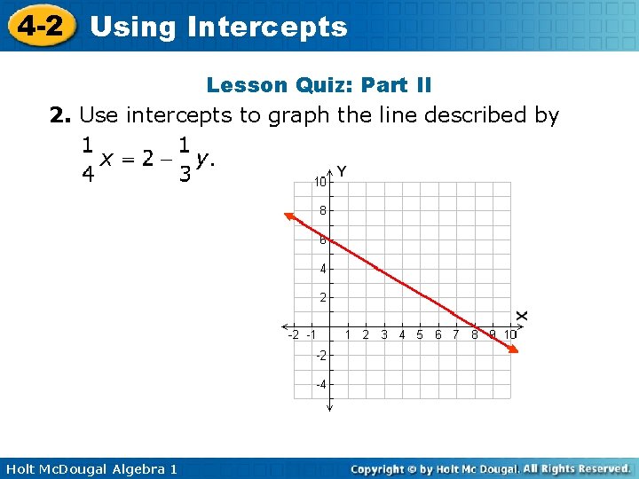 4 -2 Using Intercepts Lesson Quiz: Part II 2. Use intercepts to graph the