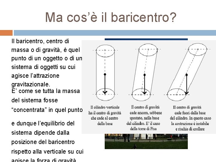 Ma cos’è il baricentro? Il baricentro, centro di massa o di gravità, è quel