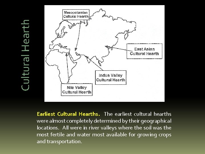 Cultural Hearth Earliest Cultural Hearths. The earliest cultural hearths were almost completely determined by