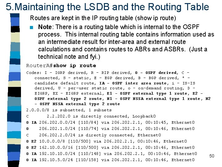 5. Maintaining the LSDB and the Routing Table Routes are kept in the IP 5. Maintaining the LSDB and the Routing Table Routes are kept in the IP