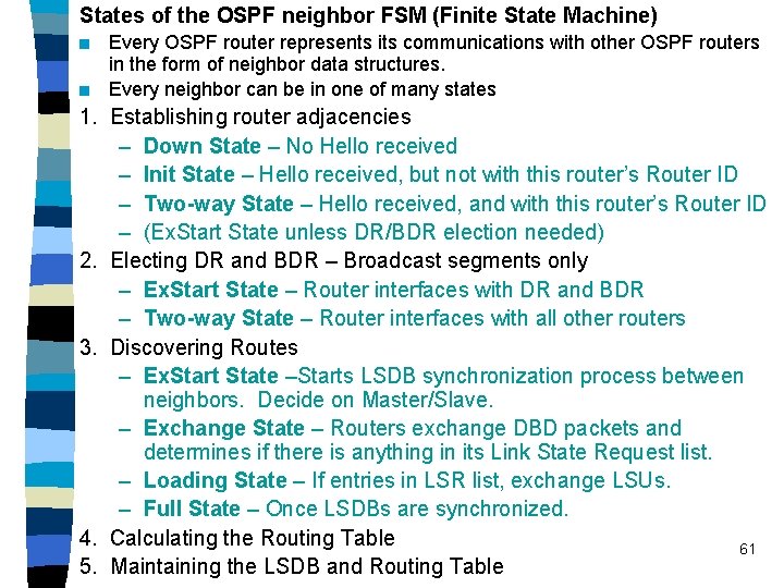 States of the OSPF neighbor FSM (Finite State Machine) n n Every OSPF router States of the OSPF neighbor FSM (Finite State Machine) n n Every OSPF router