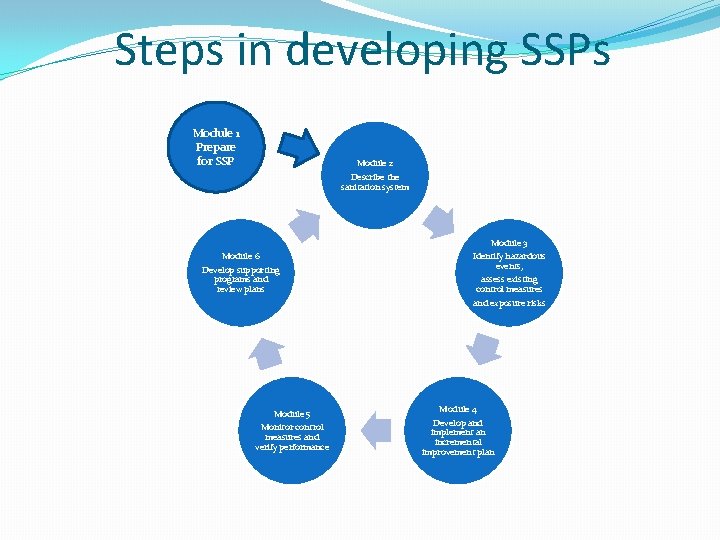 Steps in developing SSPs Module 1 Prepare for SSP Module 2 Describe the sanitation