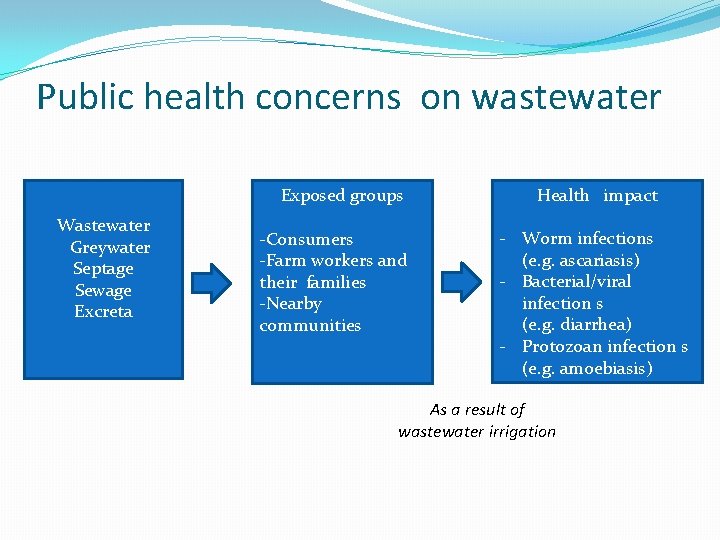 Public health concerns on wastewater Exposed groups Wastewater Greywater Septage Sewage Excreta -Consumers -Farm