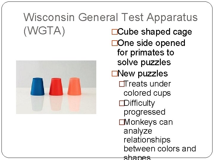 Wisconsin General Test Apparatus (WGTA) �Cube shaped cage �One side opened for primates to