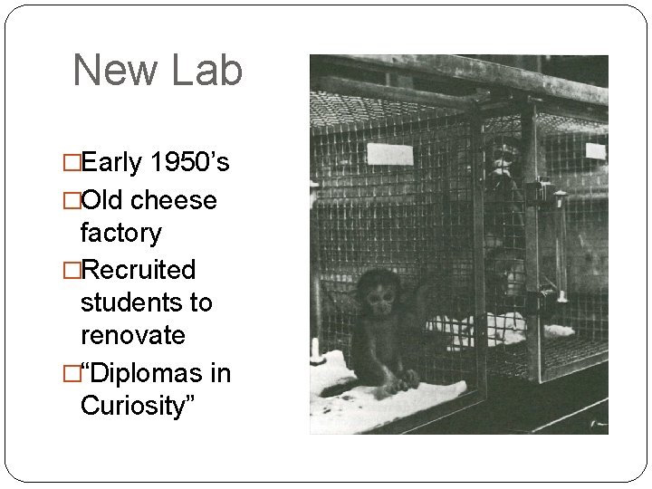 New Lab �Early 1950’s �Old cheese factory �Recruited students to renovate �“Diplomas in Curiosity”