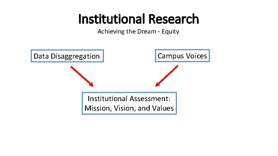 Institutional Research Achieving the Dream - Equity Data Disaggregation Campus Voices Institutional Assessment: Mission,