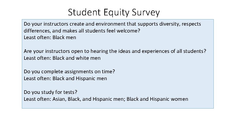 Student Equity Survey Do your instructors create and environment that supports diversity, respects differences,