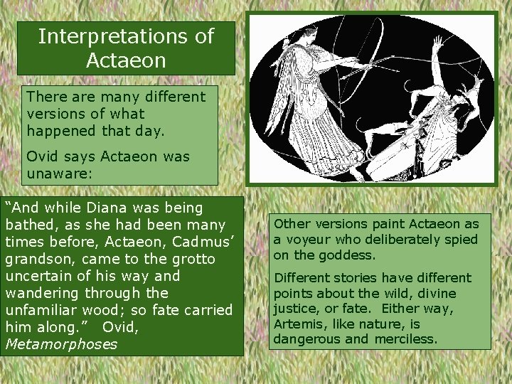 Interpretations of Actaeon There are many different versions of what happened that day. Ovid