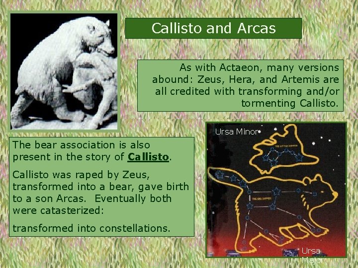 Callisto and Arcas As with Actaeon, many versions abound: Zeus, Hera, and Artemis are