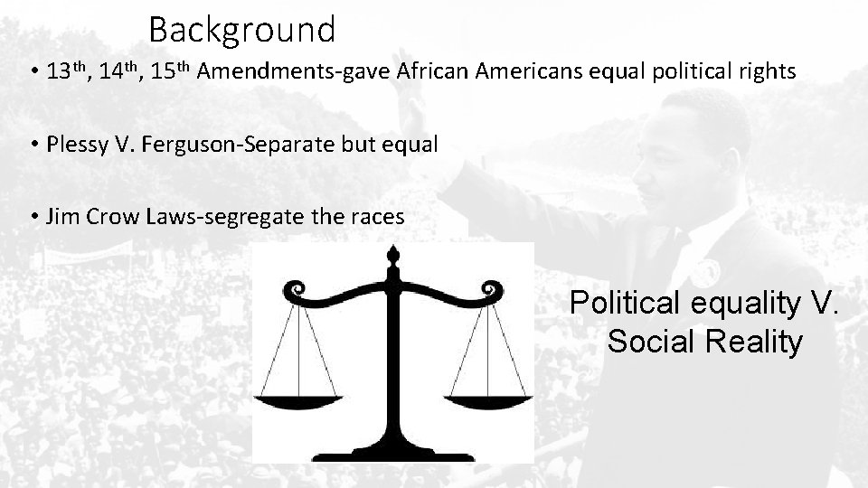 Background • 13 th, 14 th, 15 th Amendments-gave African Americans equal political rights