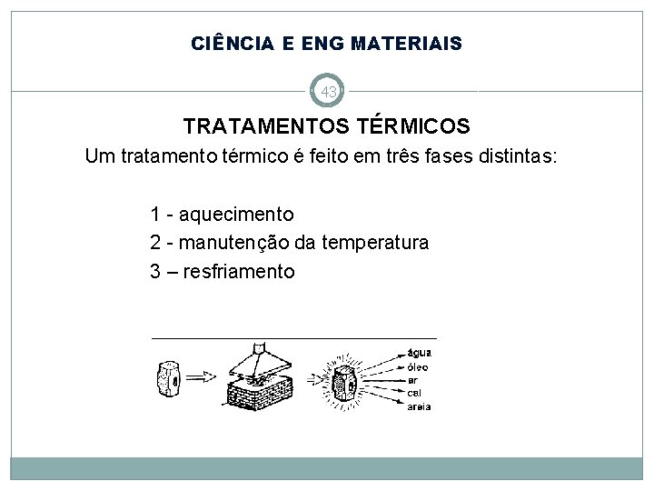 CIÊNCIA E ENG MATERIAIS 43 TRATAMENTOS TÉRMICOS Um tratamento térmico é feito em três