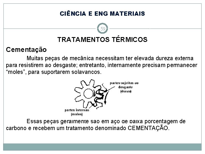 CIÊNCIA E ENG MATERIAIS 59 TRATAMENTOS TÉRMICOS Cementação Muitas peças de mecânica necessitam ter CIÊNCIA E ENG MATERIAIS 59 TRATAMENTOS TÉRMICOS Cementação Muitas peças de mecânica necessitam ter