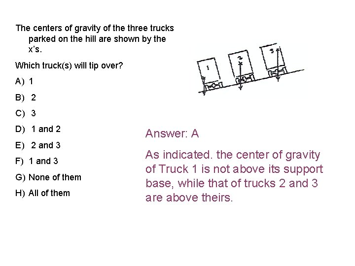 The centers of gravity of the three trucks parked on the hill are shown