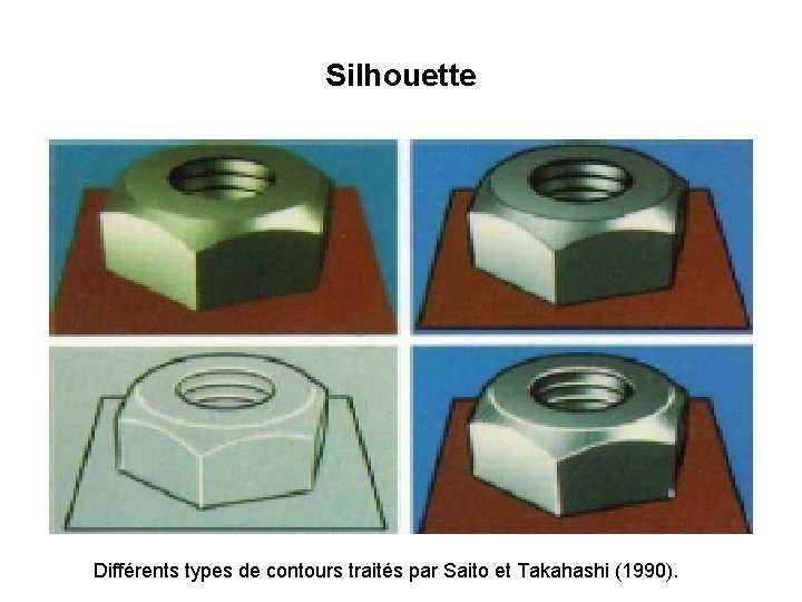 Silhouette Différents types de contours traités par Saito et Takahashi (1990). Silhouette Différents types de contours traités par Saito et Takahashi (1990).