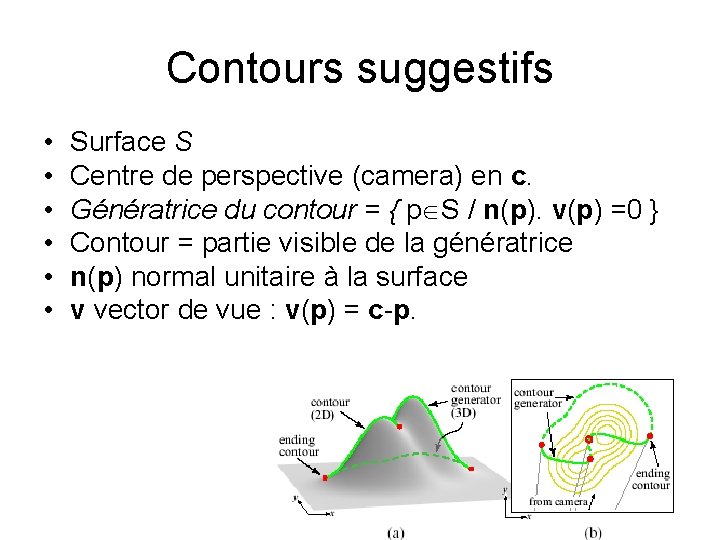 Contours suggestifs • • • Surface S Centre de perspective (camera) en c. Génératrice Contours suggestifs • • • Surface S Centre de perspective (camera) en c. Génératrice