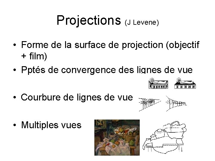 Projections (J Levene) • Forme de la surface de projection (objectif + film) • Projections (J Levene) • Forme de la surface de projection (objectif + film) •
