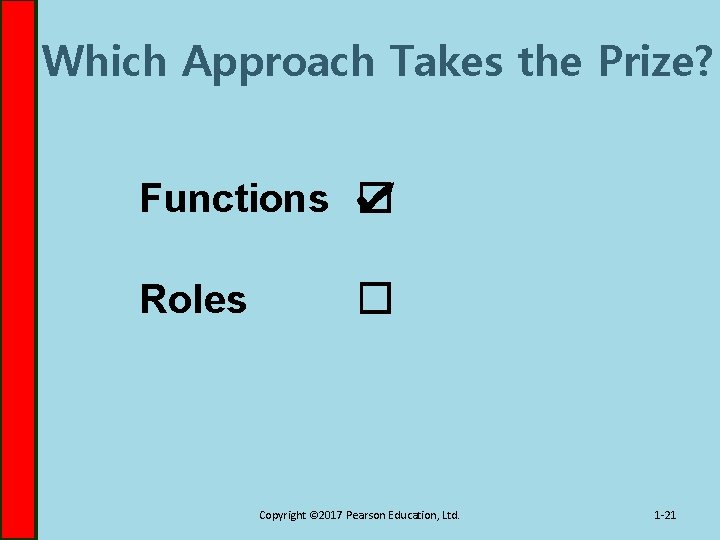 Which Approach Takes the Prize? Functions ☑ Roles ☐ Copyright © 2017 Pearson Education,