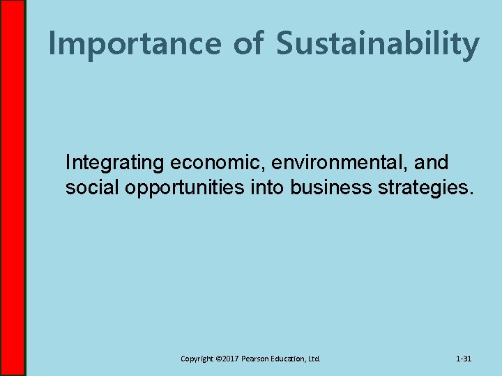 Importance of Sustainability Integrating economic, environmental, and social opportunities into business strategies. Copyright ©