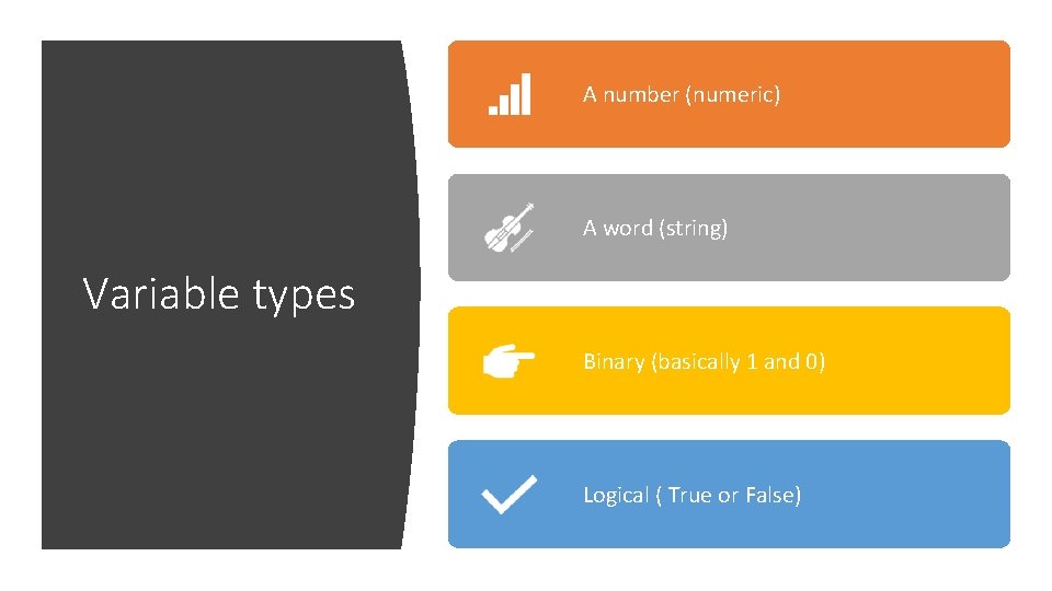 A number (numeric) A word (string) Variable types Binary (basically 1 and 0) Logical