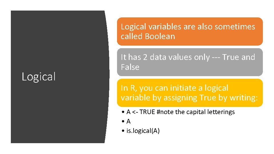 Logical variables are also sometimes called Boolean Logical It has 2 data values only