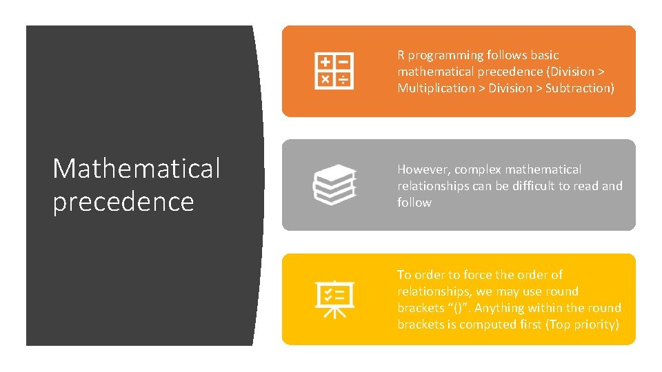 R programming follows basic mathematical precedence (Division > Multiplication > Division > Subtraction) Mathematical