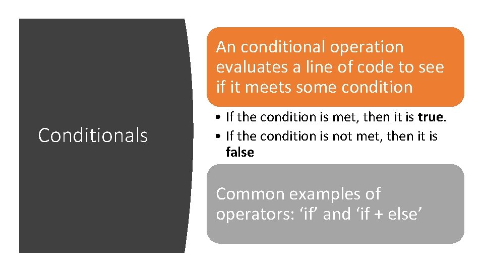 An conditional operation evaluates a line of code to see if it meets some