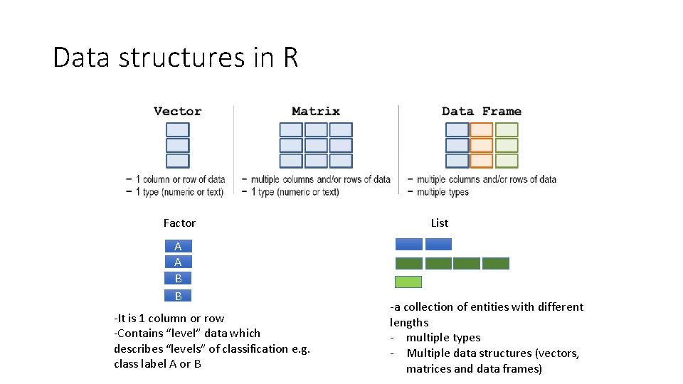 Data structures in R Factor A A B B -It is 1 column or