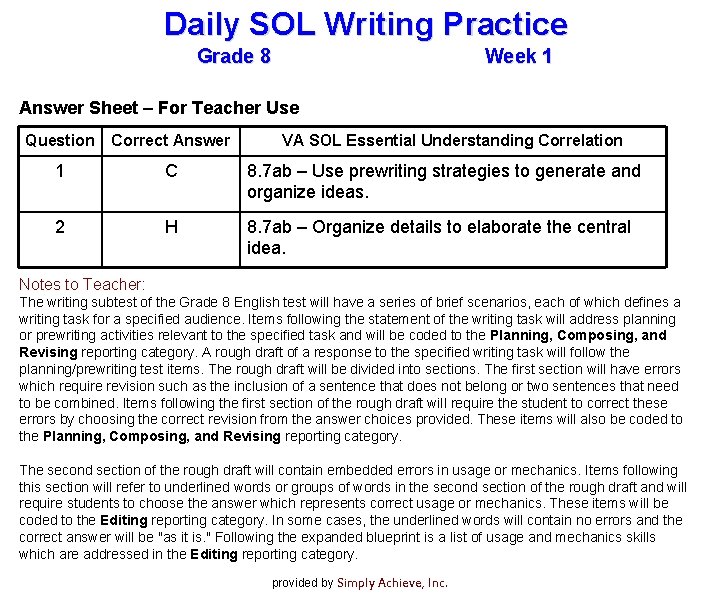 Daily SOL Writing Practice Grade 8 Week 1 Answer Sheet – For Teacher Use