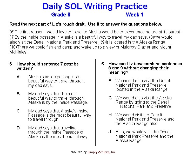 Daily SOL Writing Practice Grade 8 Week 1 Read the next part of Liz’s