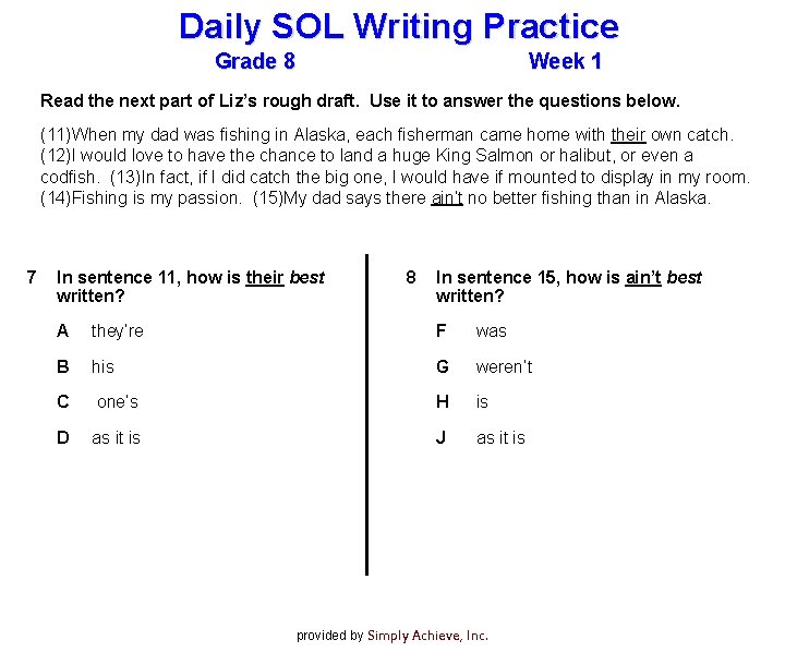 Daily SOL Writing Practice Grade 8 Week 1 Read the next part of Liz’s