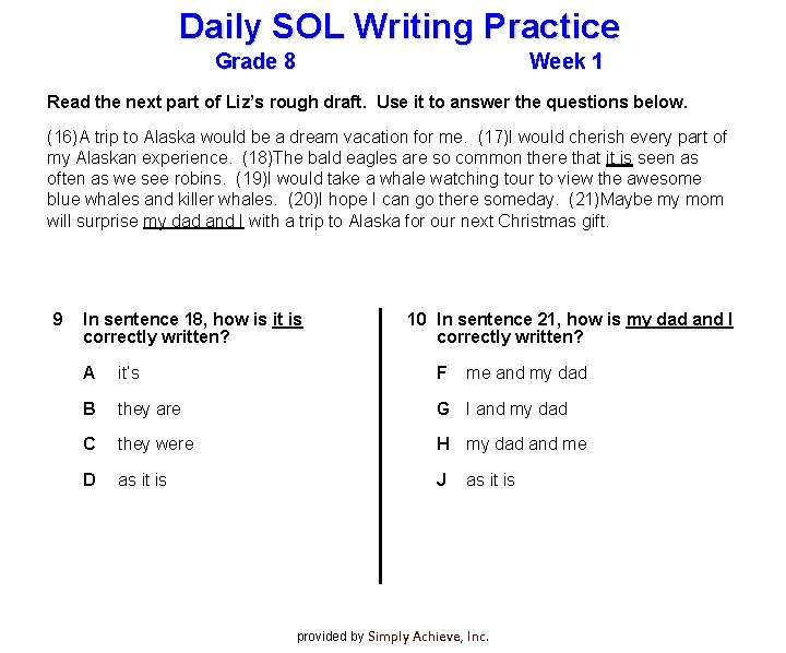 Daily SOL Writing Practice Grade 8 Week 1 Read the next part of Liz’s