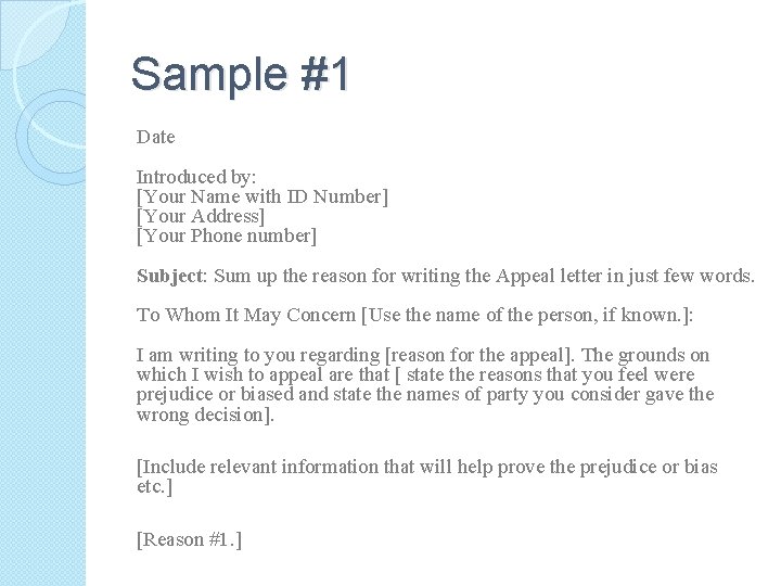 Sample #1 Date Introduced by: [Your Name with ID Number] [Your Address] [Your Phone