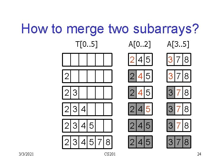 How to merge two subarrays? T[0. . 5] 3/3/2021 A[0. . 2] A[3. .