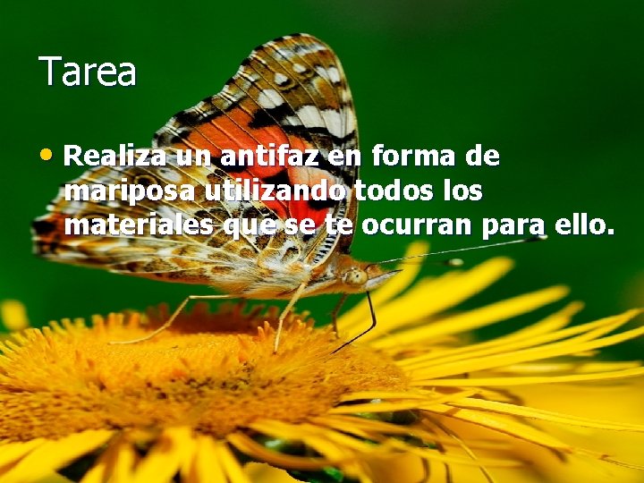 Tarea • Realiza un antifaz en forma de mariposa utilizando todos los materiales que