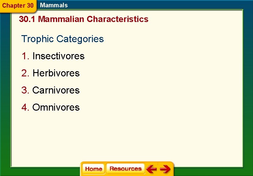 Chapter 30 Mammals 30. 1 Mammalian Characteristics Trophic Categories 1. Insectivores 2. Herbivores 3.